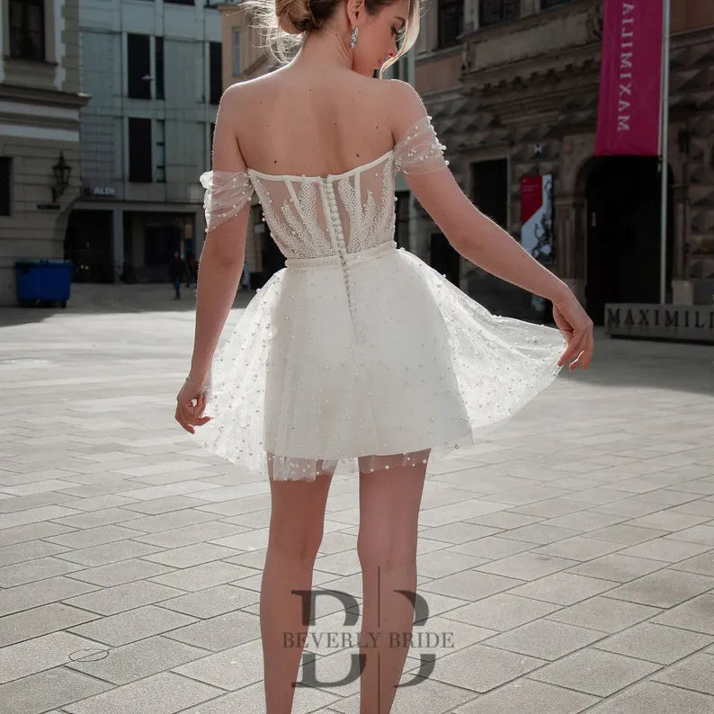 Short Mini Wedding Dress in White Satin & Tulle with Beaded Embroidered - Corset Bridal Gown for Beach, Bridal Brunch, Bachelorette - MONA