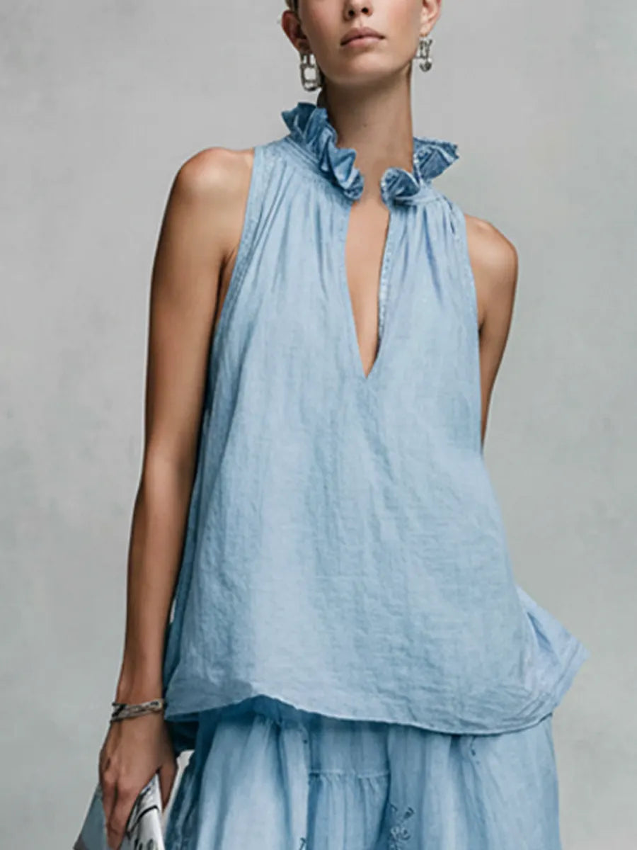 Women's Vacation Light Blue Linen-Cotton Embroidered Ruffle Collar Sleeveless Maxi Dress MDZ2362D7GMJ