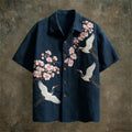 Japanese Cherry Blossom & Crane Pattern Vintage Men's Linen Short Sleeve Shirt