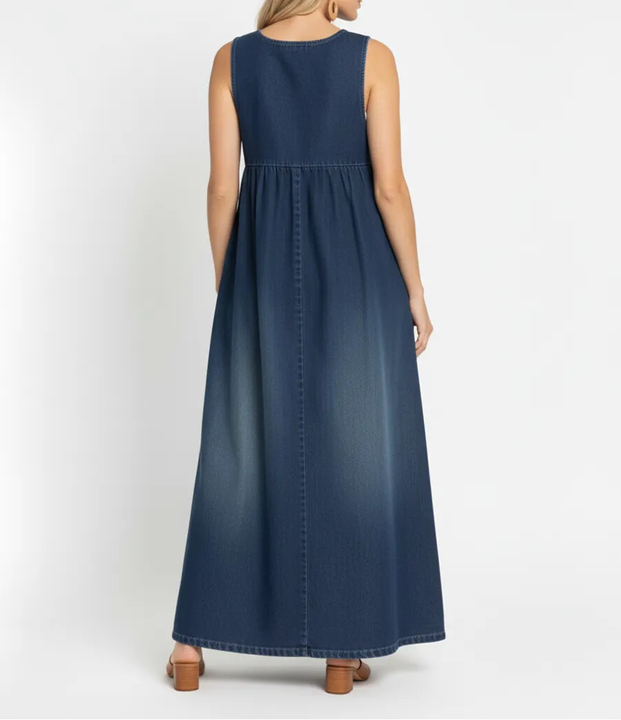 Denim Maxi Dress | Vintage Washed Cotton Button Front Dress