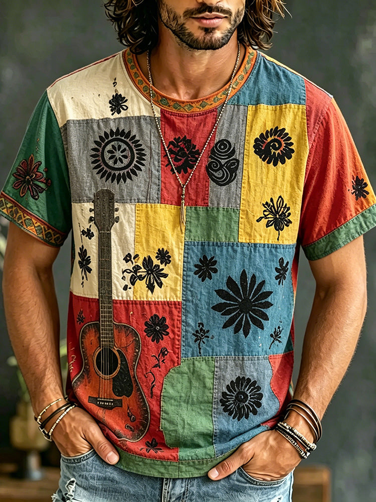 Men's Retro Hippie Patchwork Guitar Print T-shirt