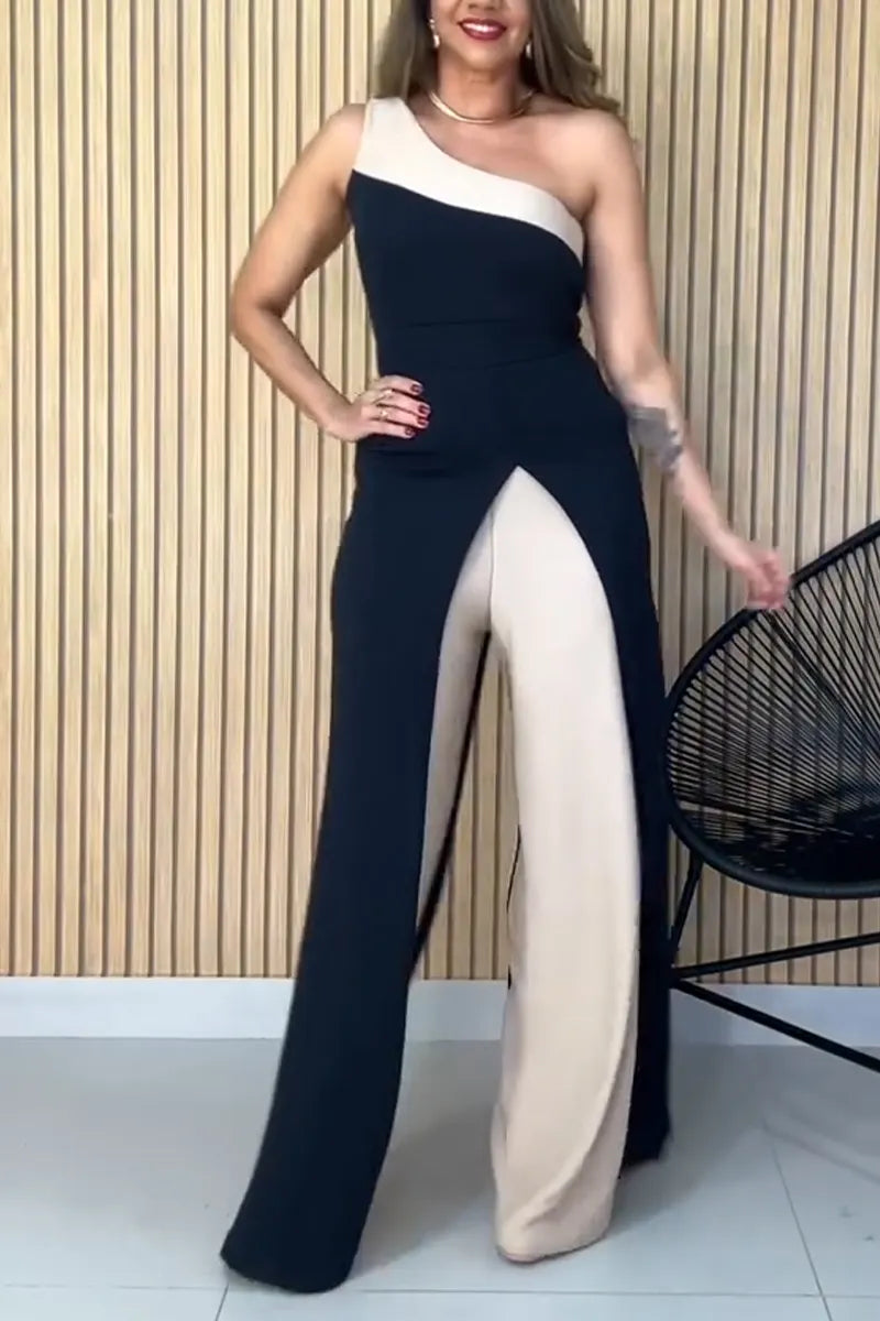 Women Diagonal Shoulder Fake Two-piece Patchwork Decoration Elegant Temperament Jumpsuit