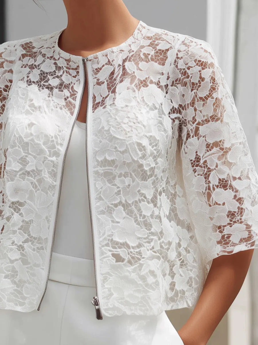 Floral Lace Zip-Front Cropped Overlay Jacket