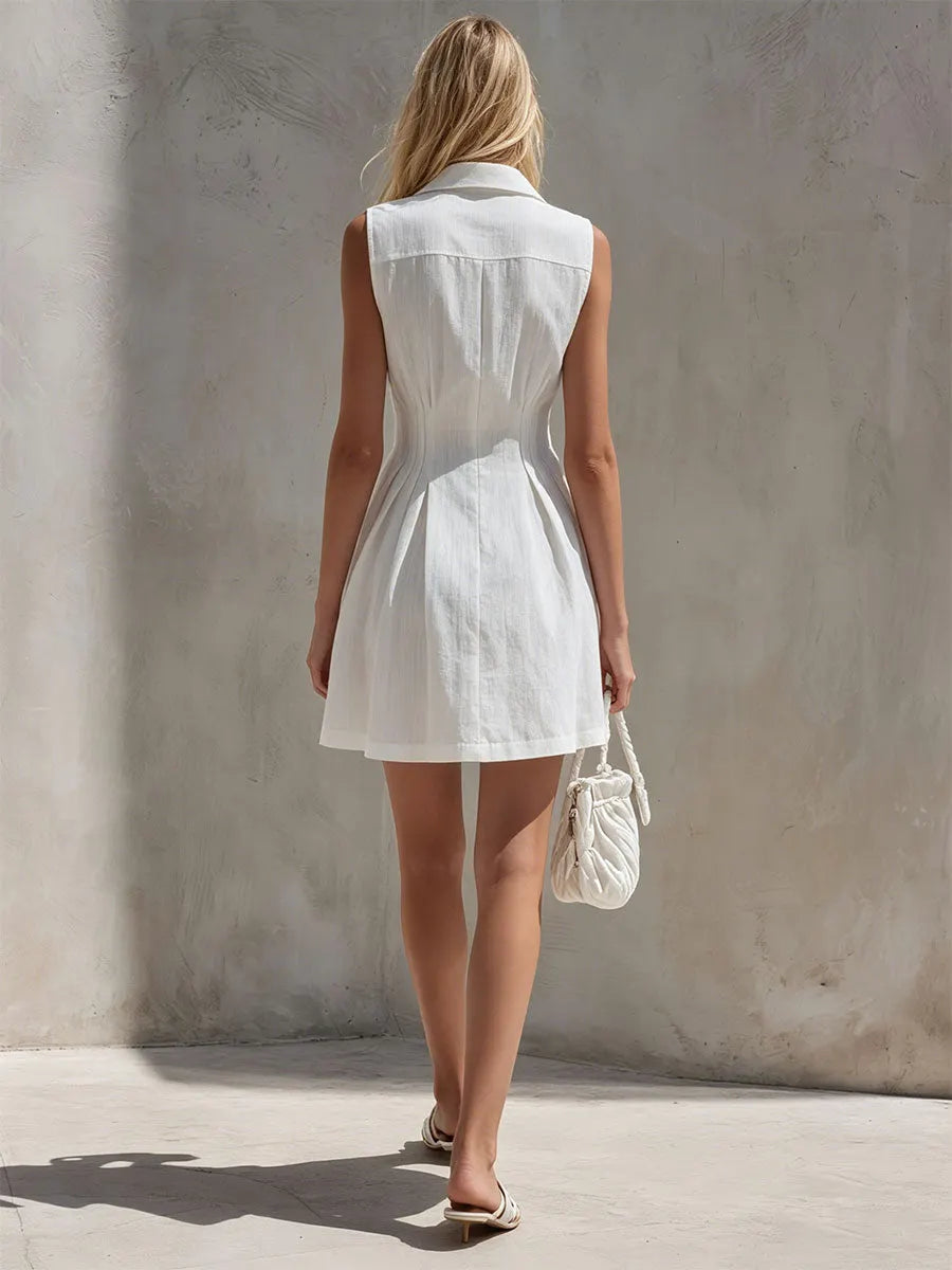 Casual Retro White Sleeveless Collared Button-down Pleated Cotton Linen Mini Dress