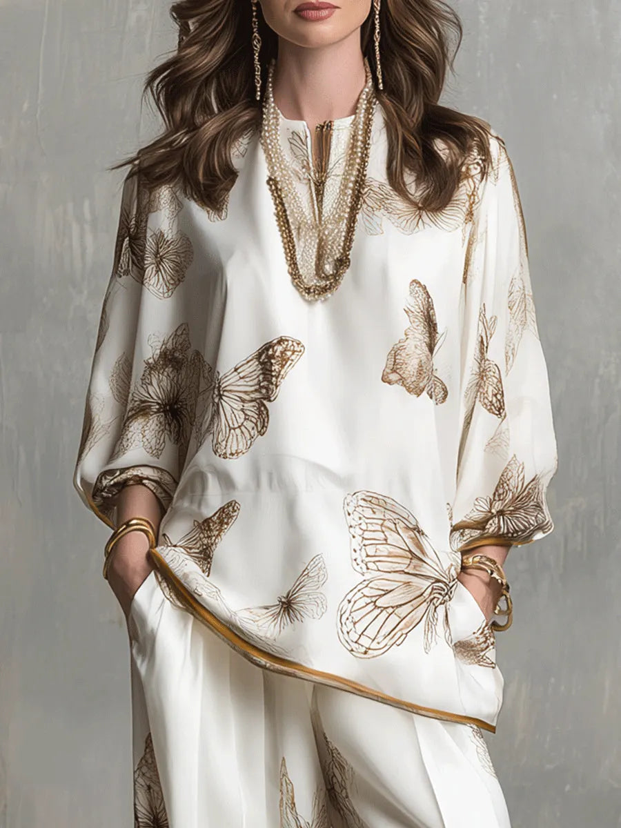 Ivory Satin V-Neck Butterfly-Print Top and Wide-Leg Trousers Set