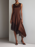 Women's Minimalist Faux Acetate & Chiffon Paneled Midi Dress — Sleeveless, Crew Neck, Asymmetrical Hem MDZ2580D3Y