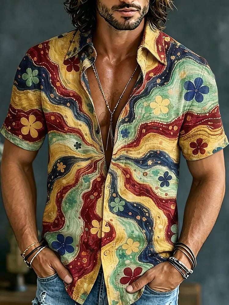 Men's Retro Hippie Color Block Patchwork Print Short-sleeve Shirt