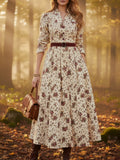 Midi Linen Dress, Long Sleeves, Shawl Collar, Floral, Belt Design, Vintage, Apricot