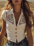 Western Retro Ethnic Embroidery Off-White Suede Short-Sleeve Shirt