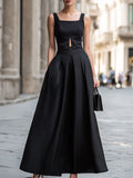 Square Neck Cutout Waist Structured A-Line Midi Dress