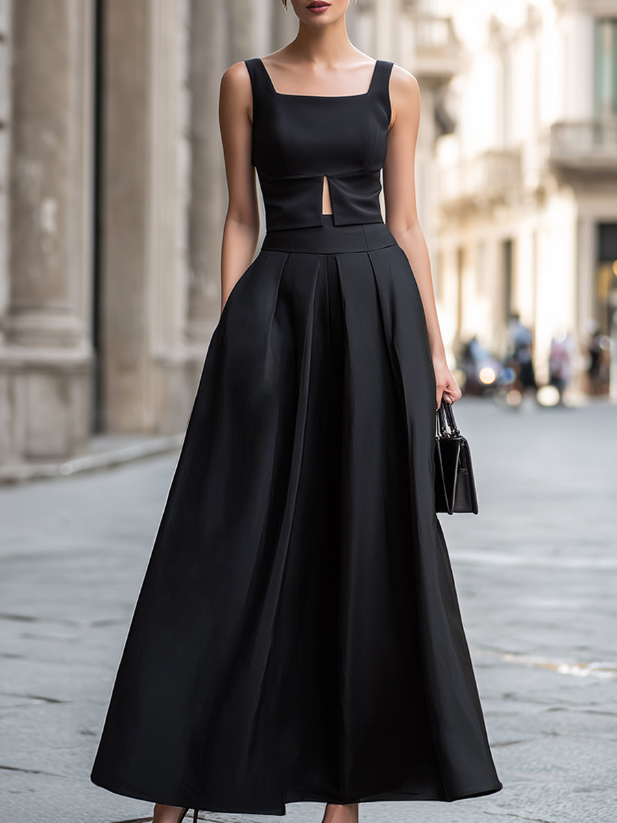 Square Neck Cutout Waist Structured A-Line Midi Dress