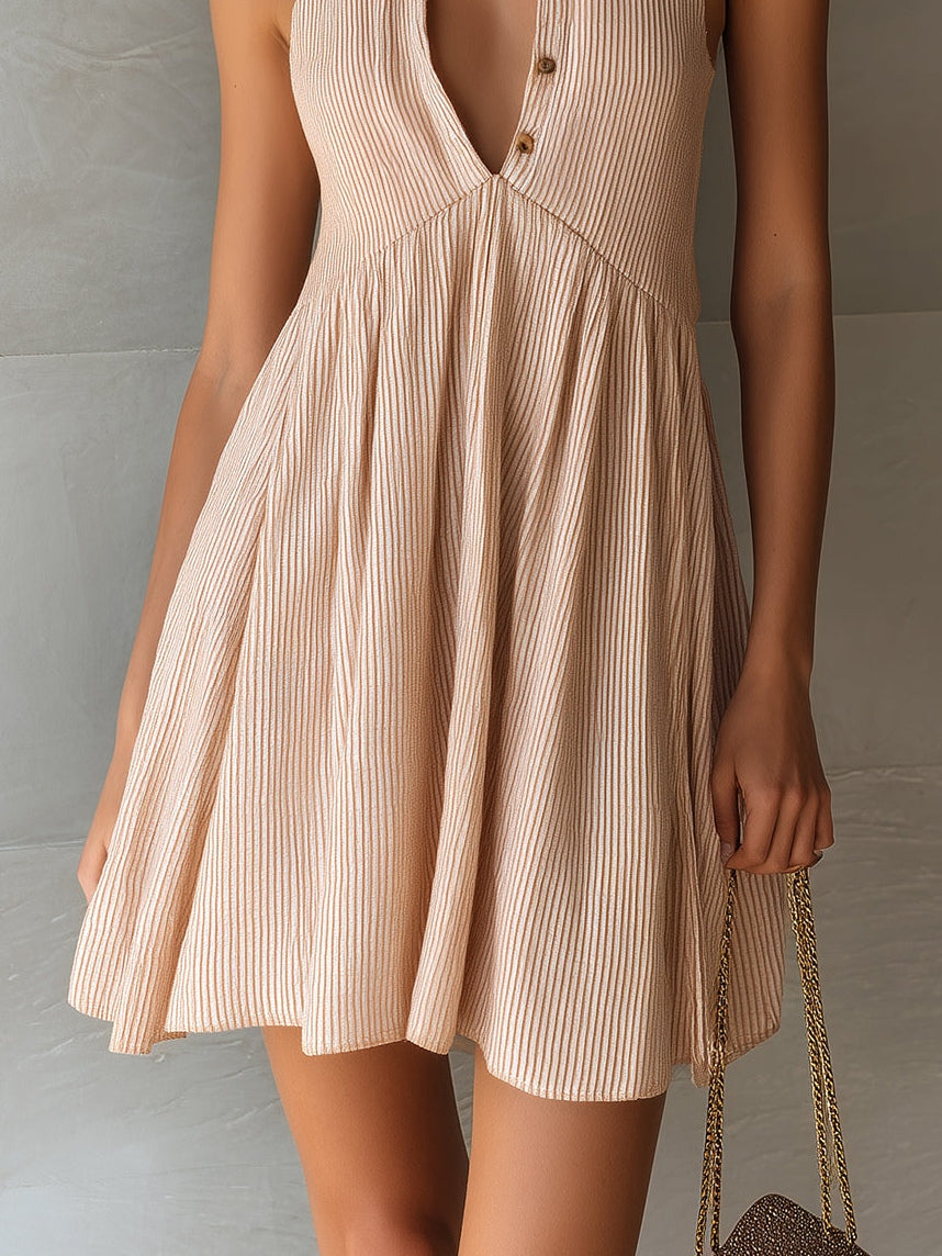 Nude Pink Vertical Striped Collared Sleeveless Mini Dress