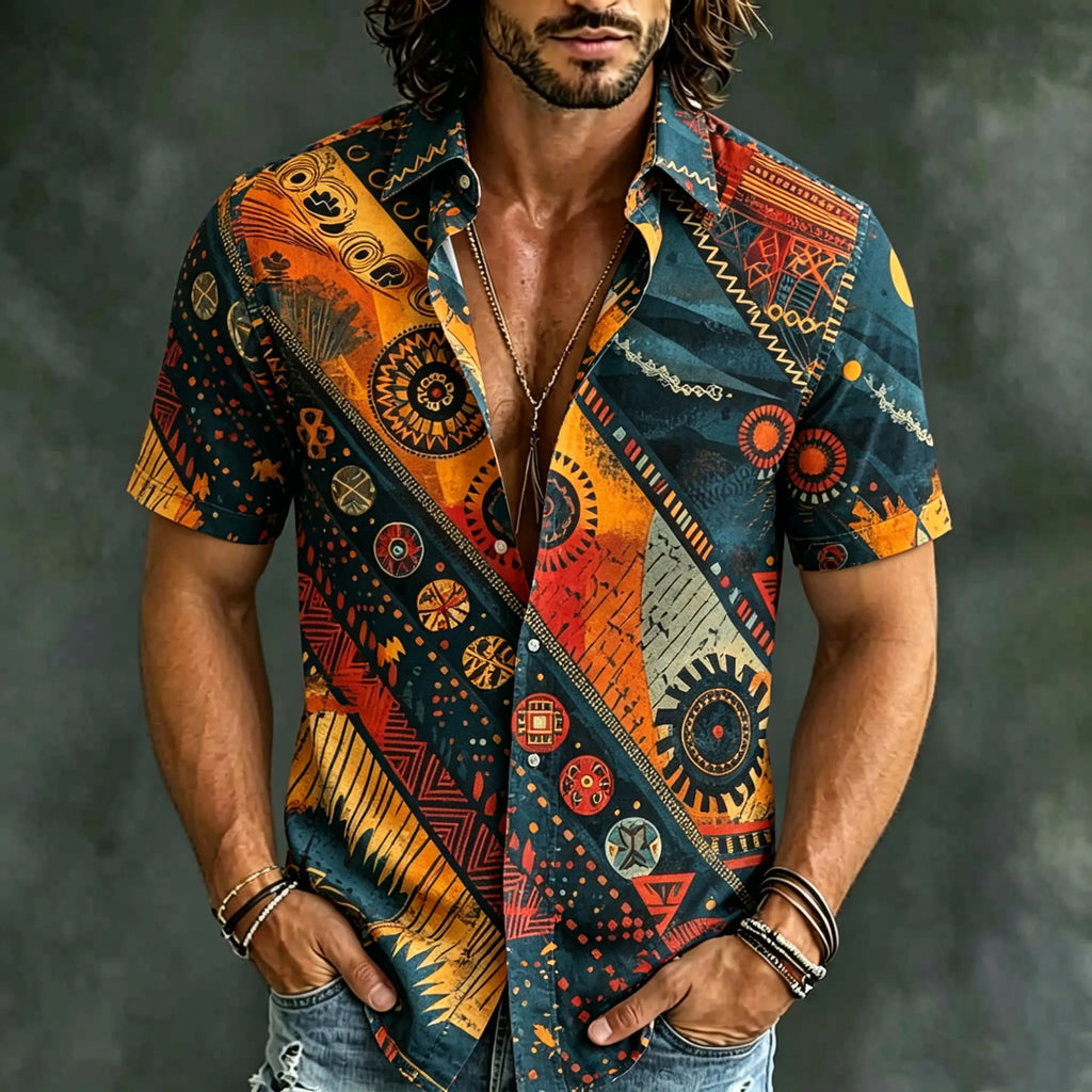 Men's Retro Abstract Geometric Pattern Casual Short-sleeve Shirt
