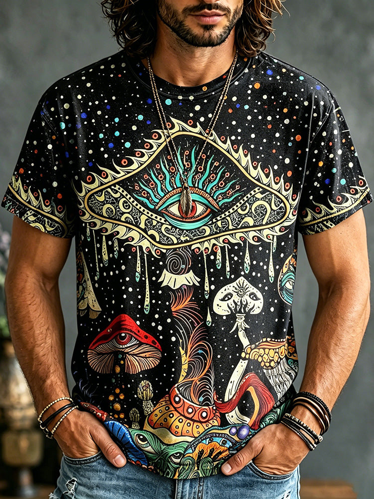 Men's Hippie Psychedelic Mushrooms And The Eye Of The Universe Print T-shirt