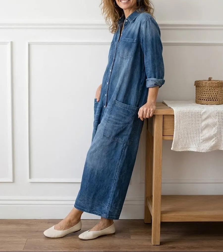 Denim Jumpsuit Women Cotton Button Front Vintage Washed