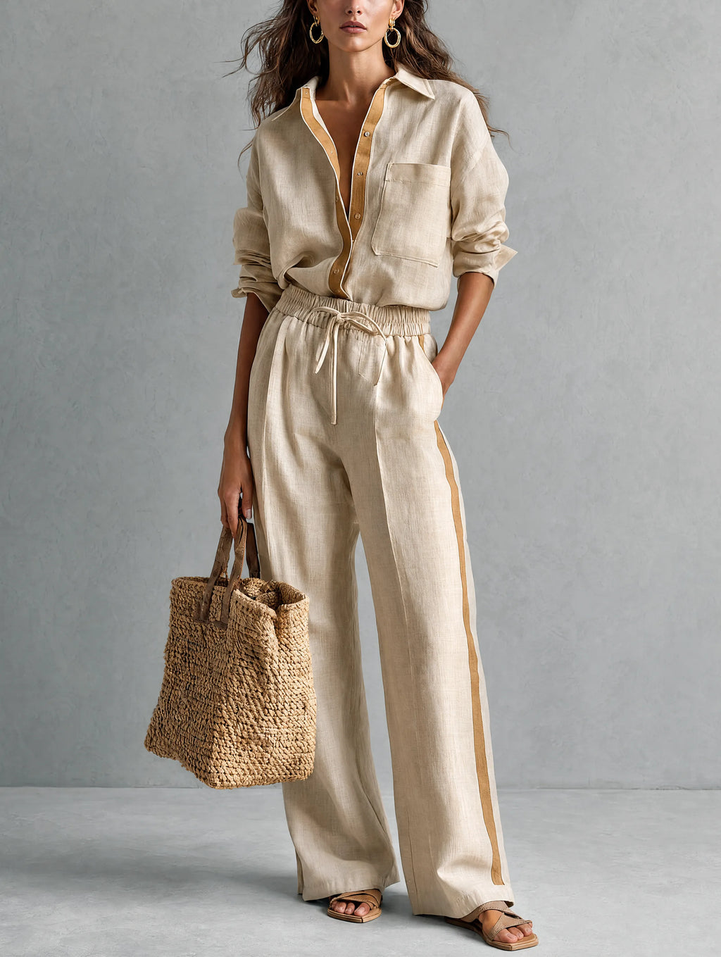 Women's Casual Khaki Cotton-Linen Shirt And Trousers Two-Piece Set MDZ2001H5LXY