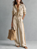 Women's Casual Khaki Cotton-Linen Shirt And Trousers Two-Piece Set MDZ2001H5LXY