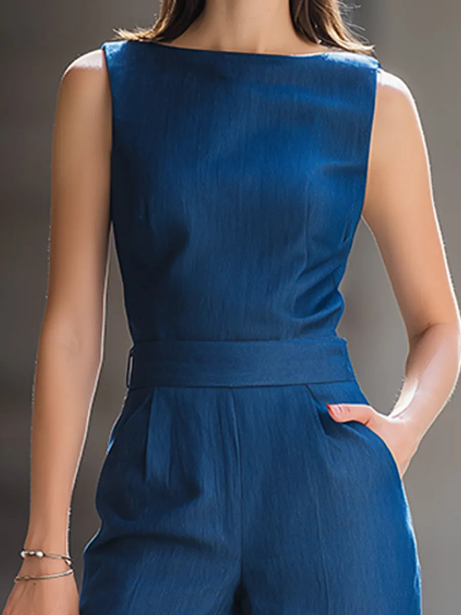 Sleeveless Boat-Neck Tailored Wide-Leg Jumpsuit