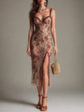 Vintage Floral Print Lace Trim Midi Dress With High Slit