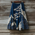Vintage Japanese Traditional Sashiko With Sakura Art Pattern Linen Blend Casual Skirt