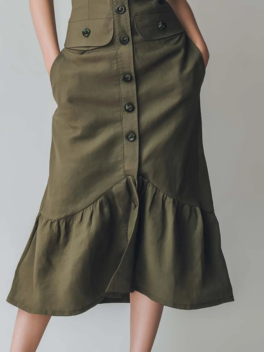 Vintage Lace-neck Button-down Cotton And Linen Midi Dress