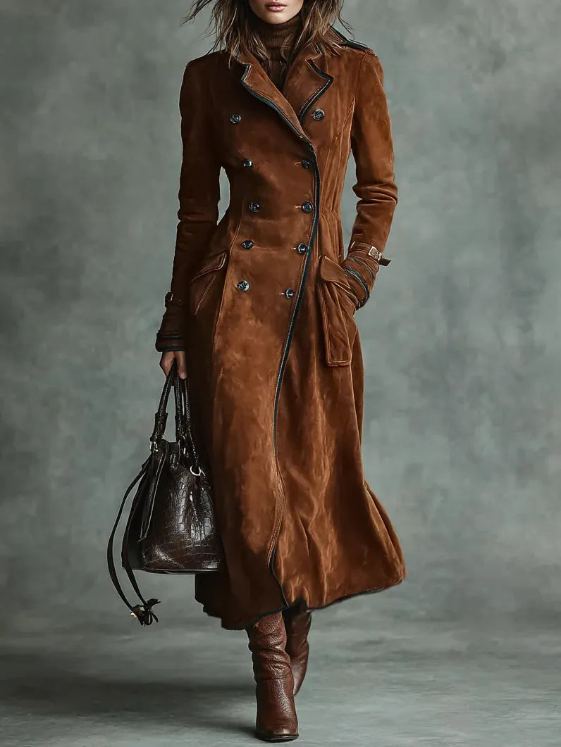 Double-breasted lapel long coat with suede and black trim