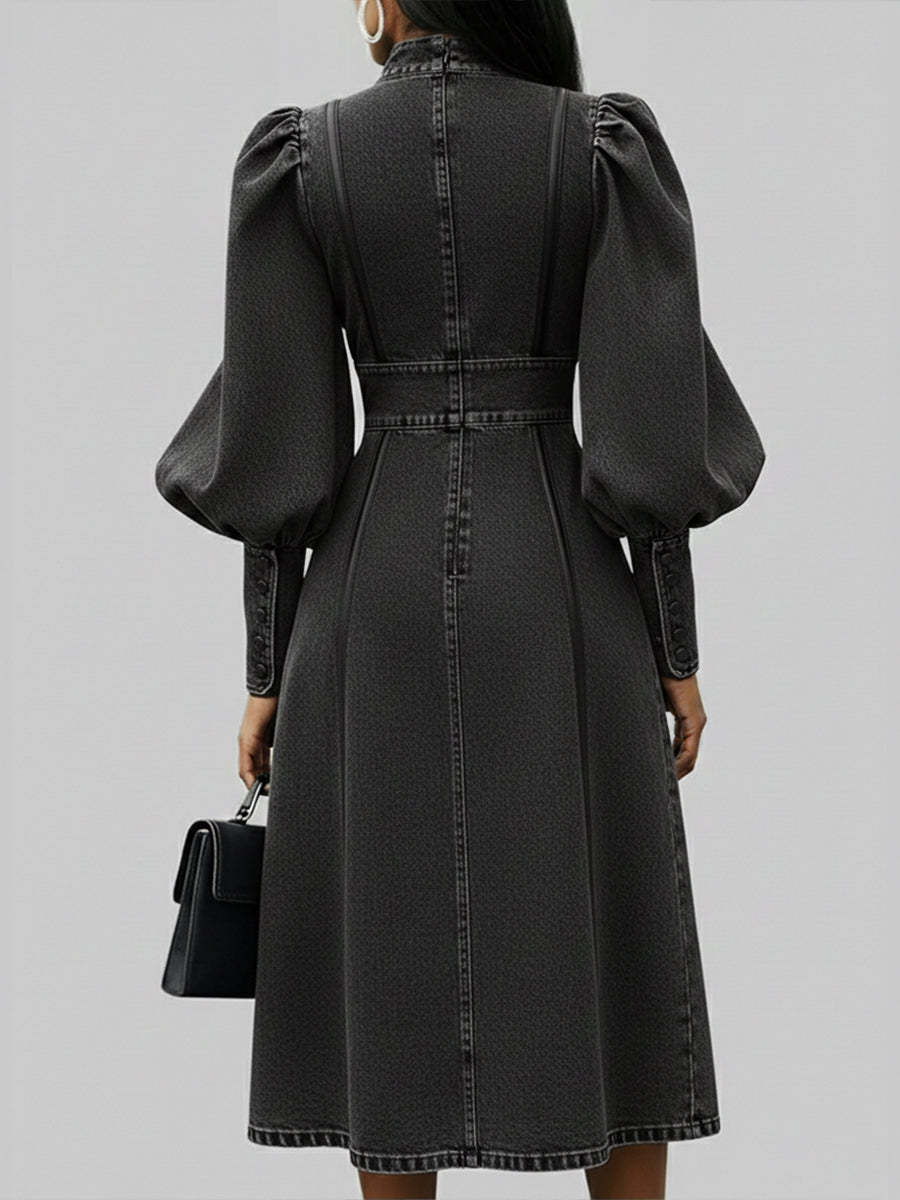 Fashionable Patchwork Leather Lantern Sleeve Denim Dress