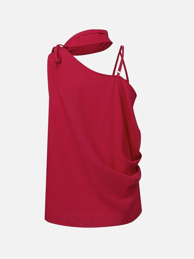 Linen Casual Plain Lace-up Halter Neck Blouse