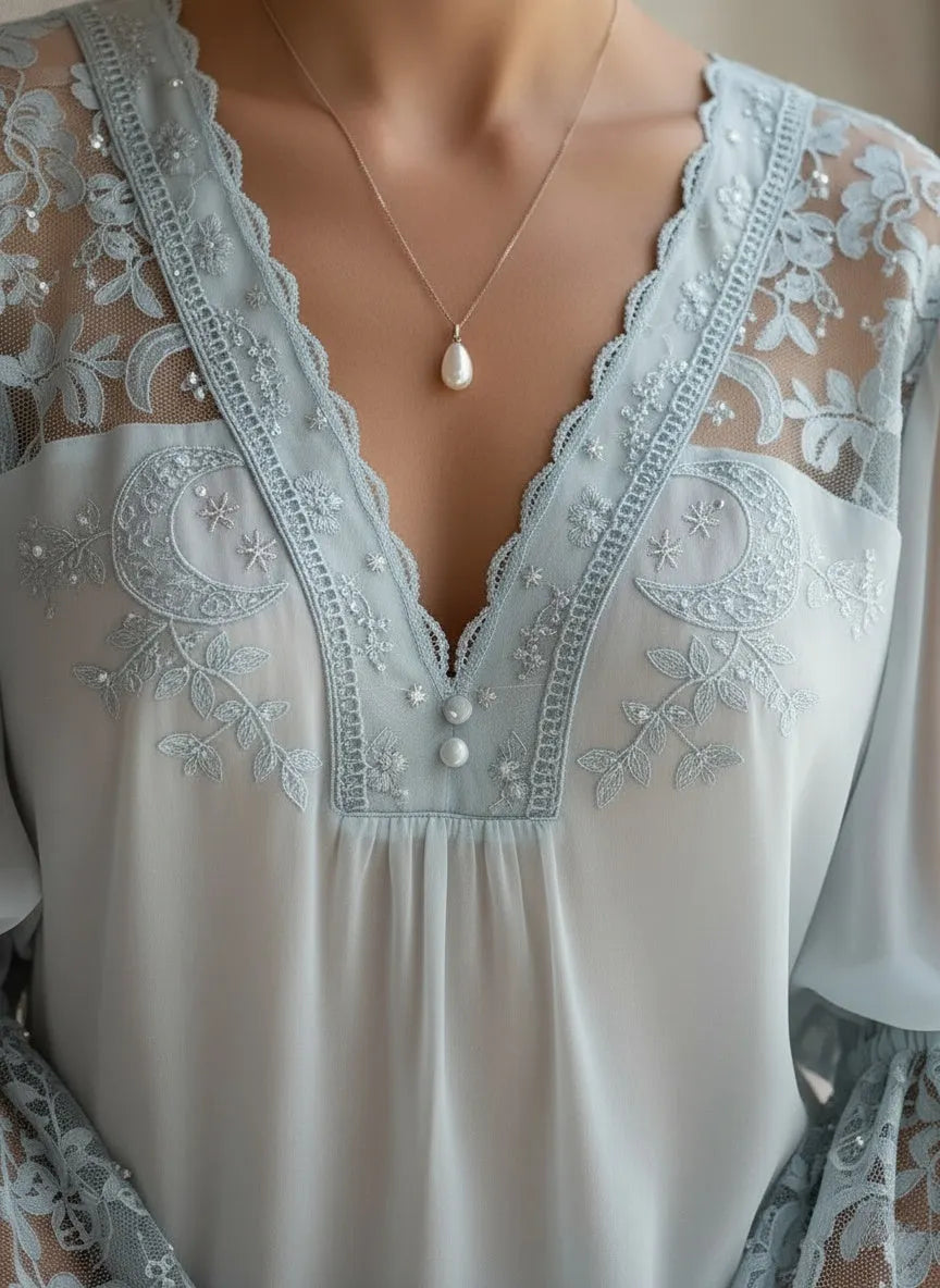 Elegant Powder Blue Lace & Chiffon Blouse with Bell Sleeves
