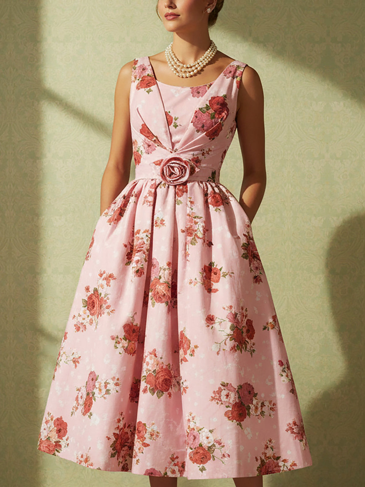 Midi Linen Dress, Sleeveless, Square Neck, Floral, 3D Floral, Vintage, Pink