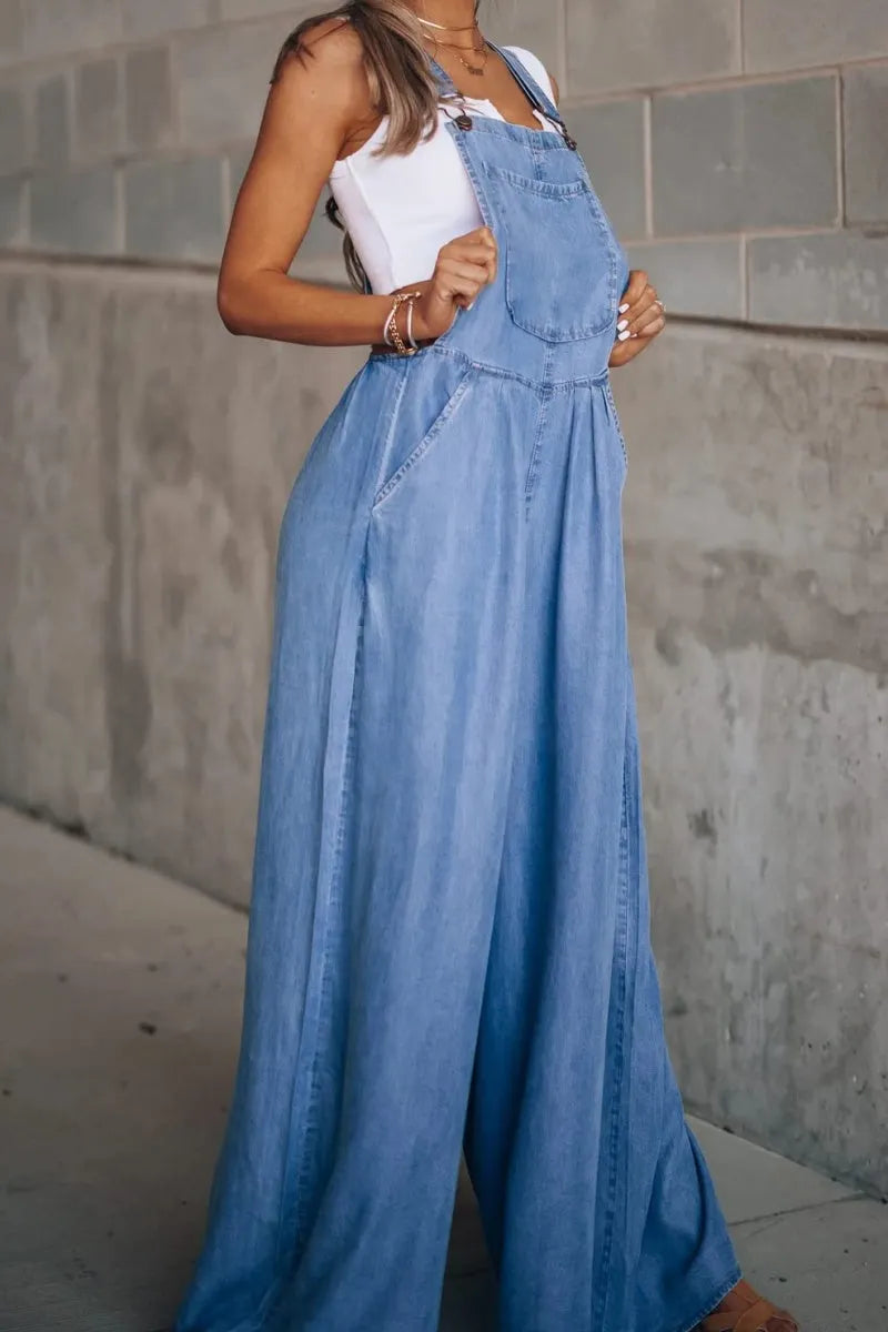 Women's Loose Adjustable Strap Wide Leg Denim Bib Overall Jeans Pants