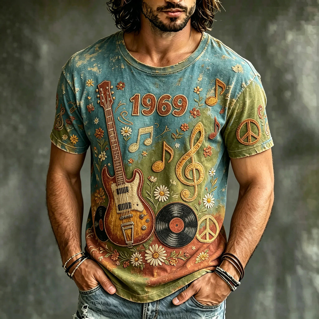 Men's Retro Hippie Music Guitar Print Casual T-shirt
