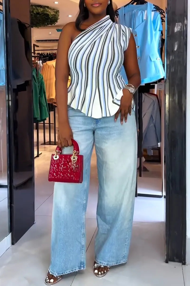 Womens One Shoulder Vertical Striped Top or Washed Wide Leg Jeans