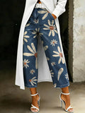 Women's Fashion Graffiti Daisies Art-print Casual Loose-fit Wide-leg Jeans