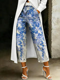 Women's Fashion Retro Ethnic Floral Artistic Print Casual Loose-fit Wide-leg Jeans
