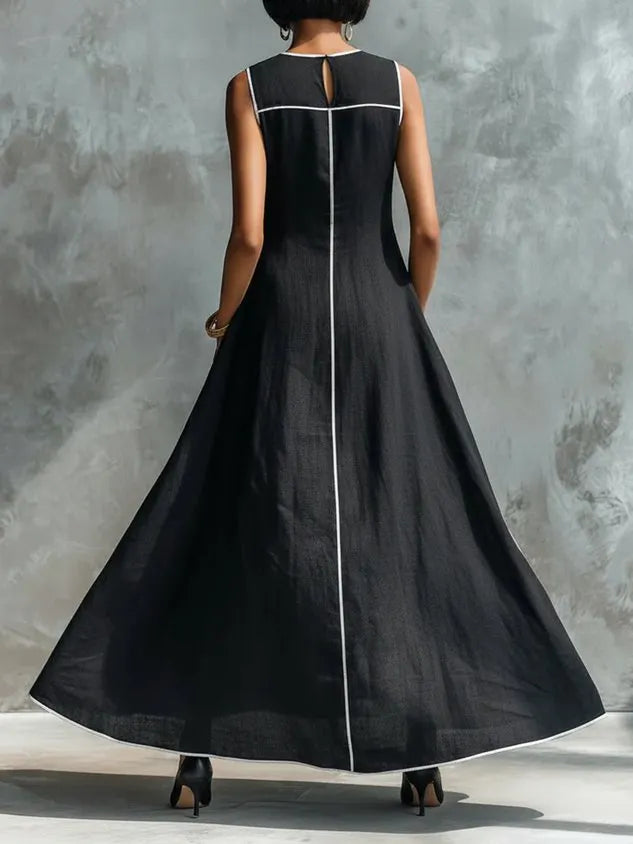 Casual Color Block Cotton Linen Sleeveless Pocket Maxi Dress