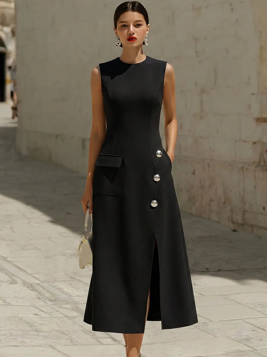 Sleeveless Tailored Midi Dress With Silver Buttons And Pocket