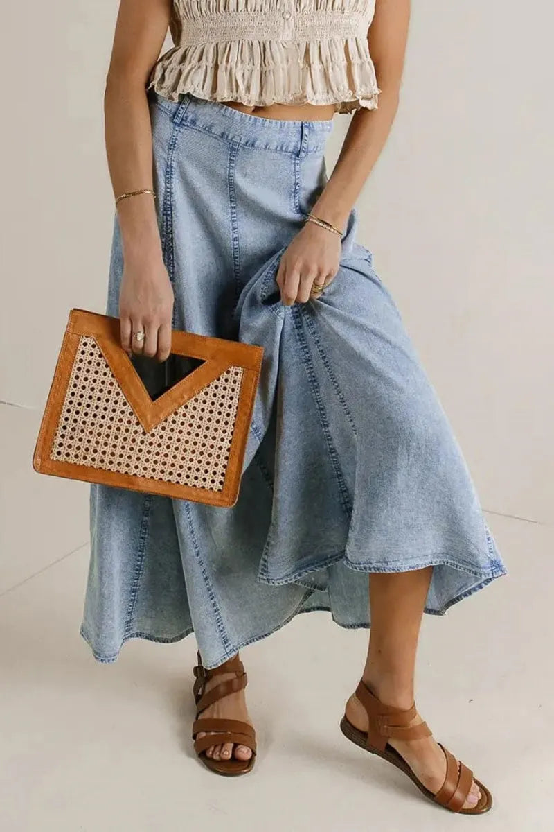 Women Vintage Long Denim Skirt Flowy Big Hem Slouchy Washed Jean Skirt