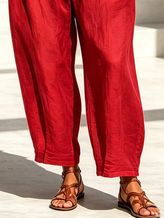 Linen Casual Plain Distressing Baggy Pants