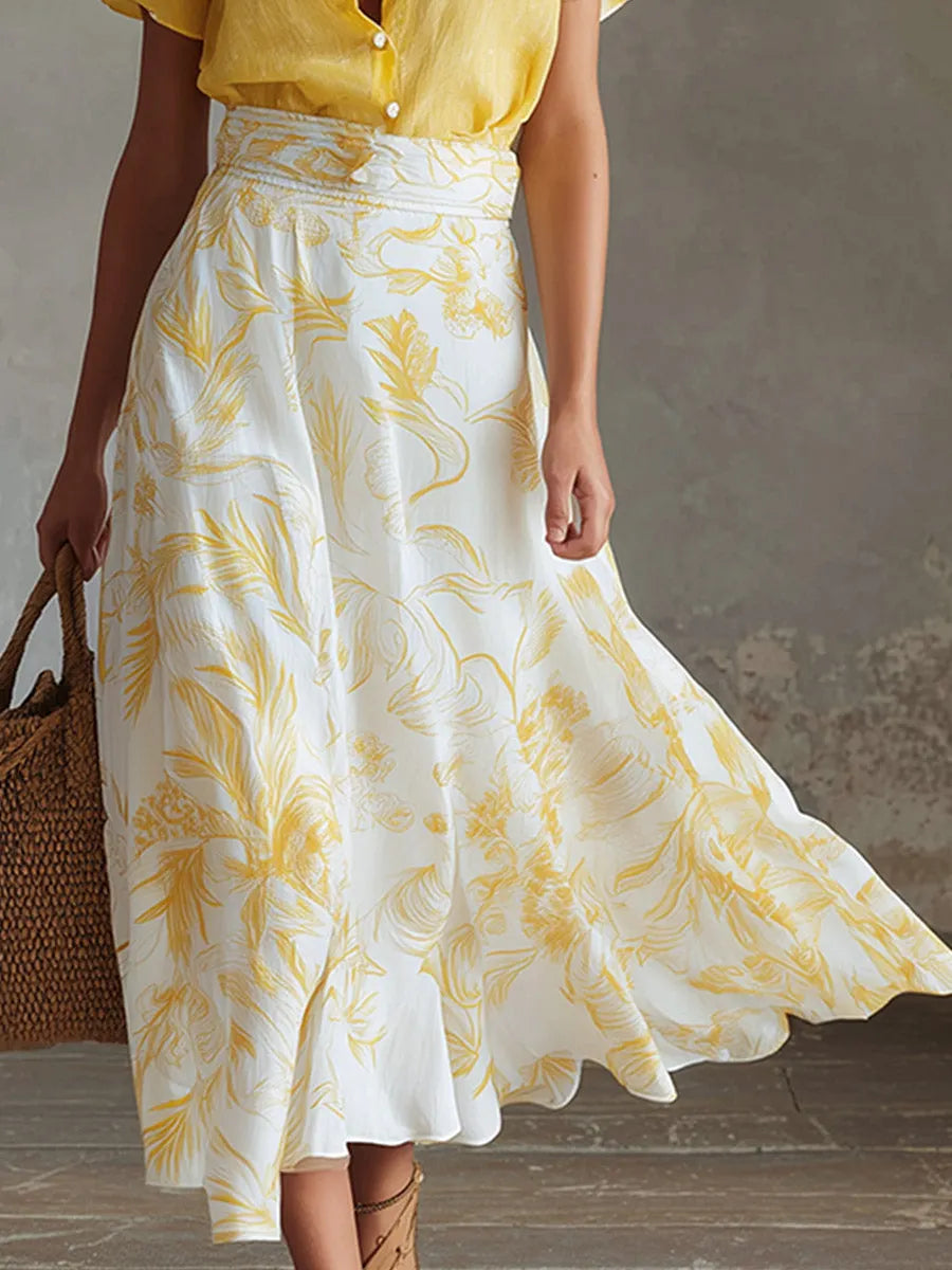 Elegant Summer Vacation Outfit Yellow Cotton-Linen T-Shirt & Moon-Print Chiffon Skirt Set