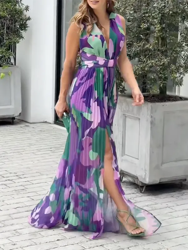 Backless Floral Printed Split-Side Sleeveless Spaghetti-Neck Maxi Dresses