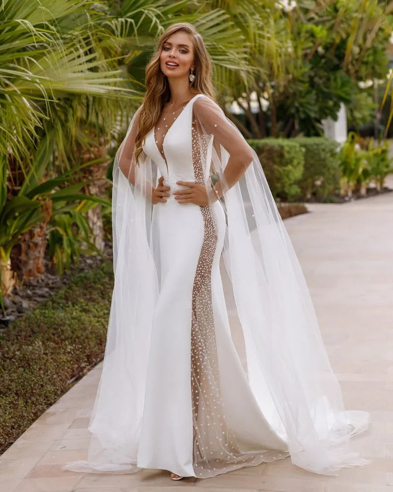 boho satin long bride bridal ivory summer tulle wedding dress beach mermaid peas sexy open v neck bridal bohemian light bride Unique wedding