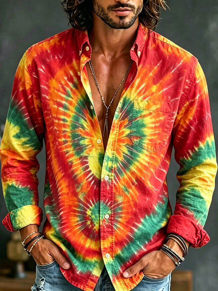 Men's Hippie Tie-dye Vacation Casual Cotton Linen Long-sleeved Shirt