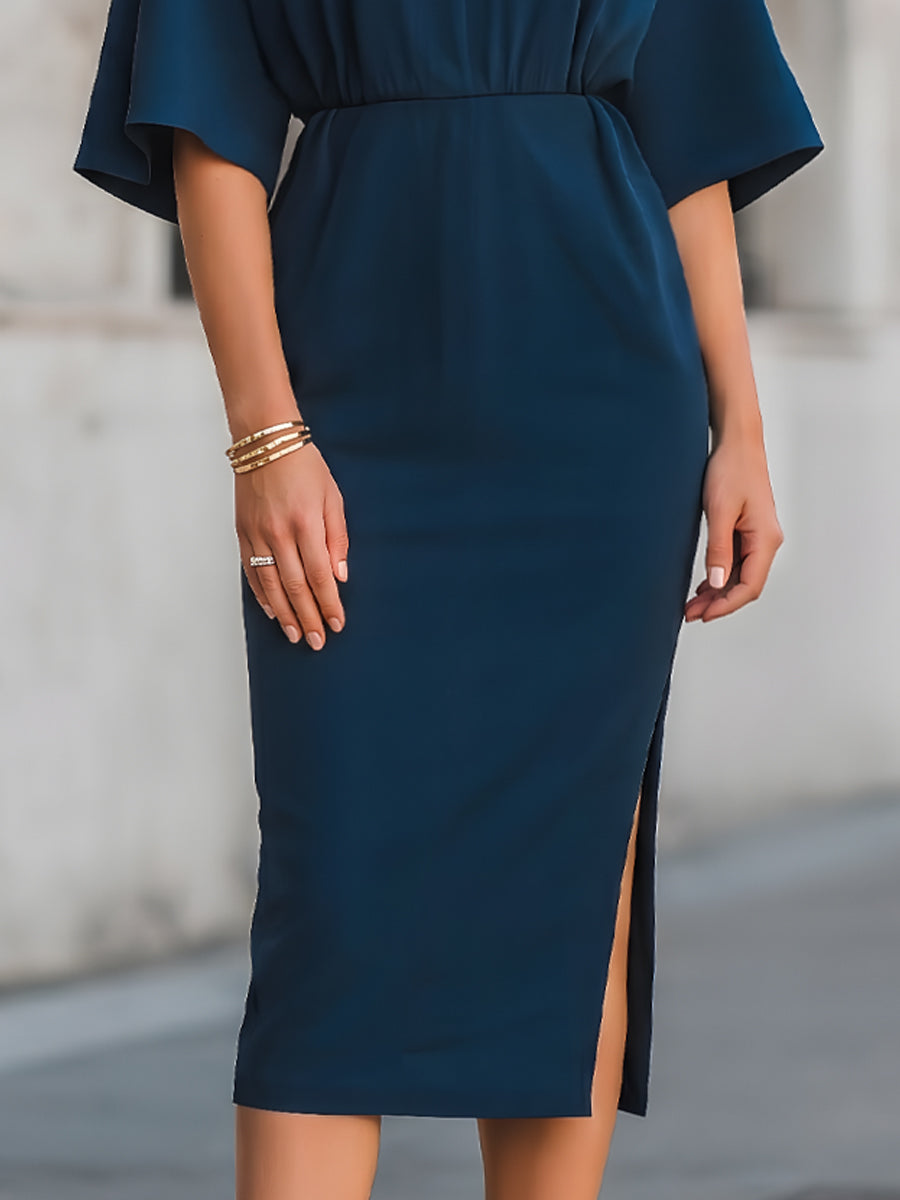 V-Neck Relaxed Sleeve Waist-Defined Midi Dress