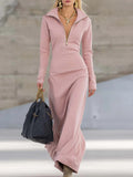 Retro sporty style zip-front pink maxi dress