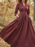 Maxi Linen Dress, Long Sleeves, Stand Collar, Plain, Button Design, Vintage, Red