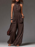 Chocolate Brown Crinkled Cotton Halter Lace Wide-Leg Jumpsuit