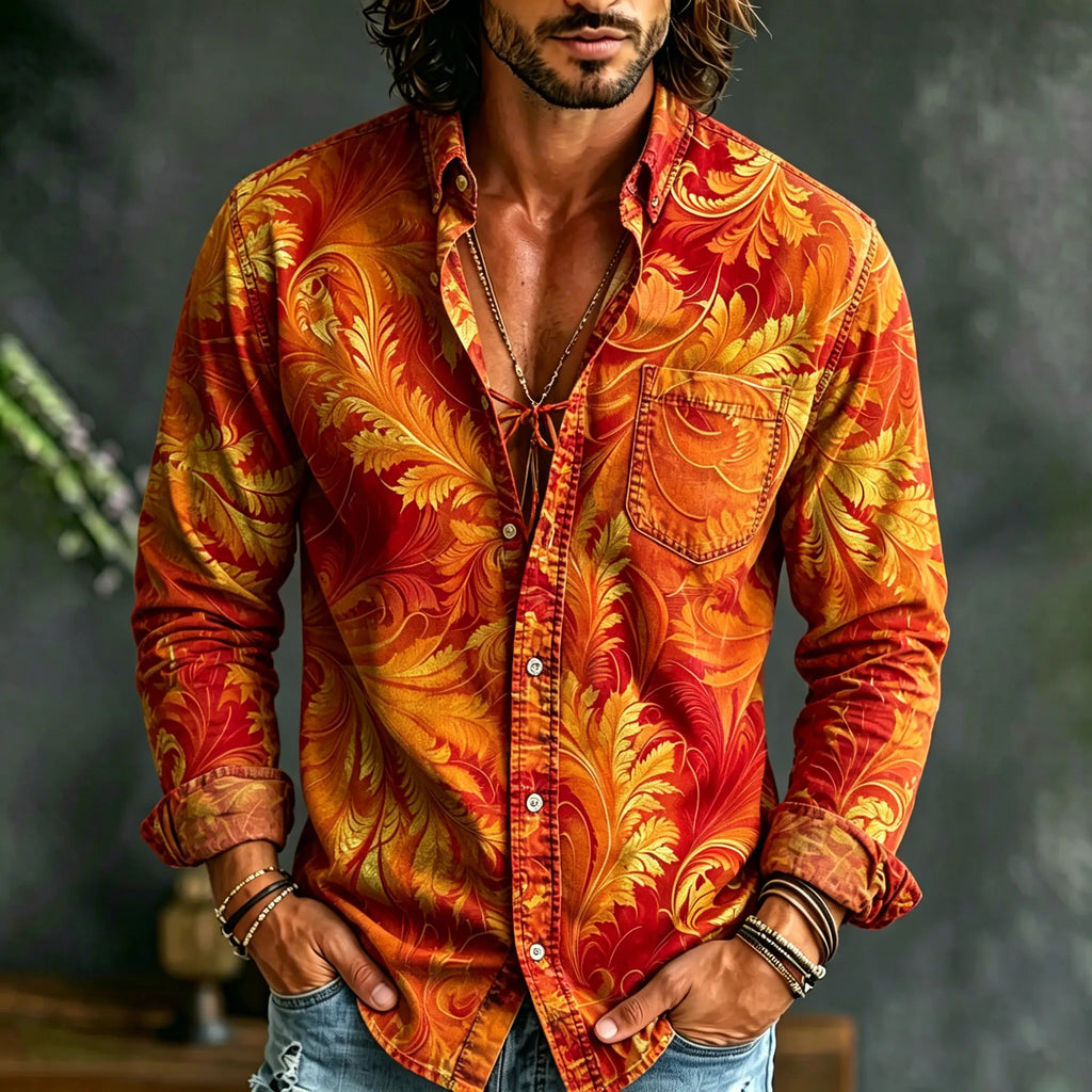 Men's Retro Ethnic Leaf Design Long-sleeved Cotton Linen Shirt