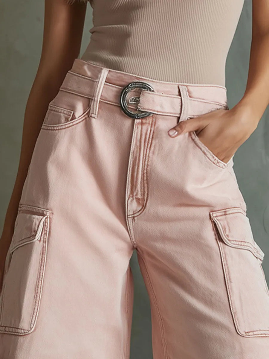 Retro Loose Pink Multi-pocket Denim Shorts