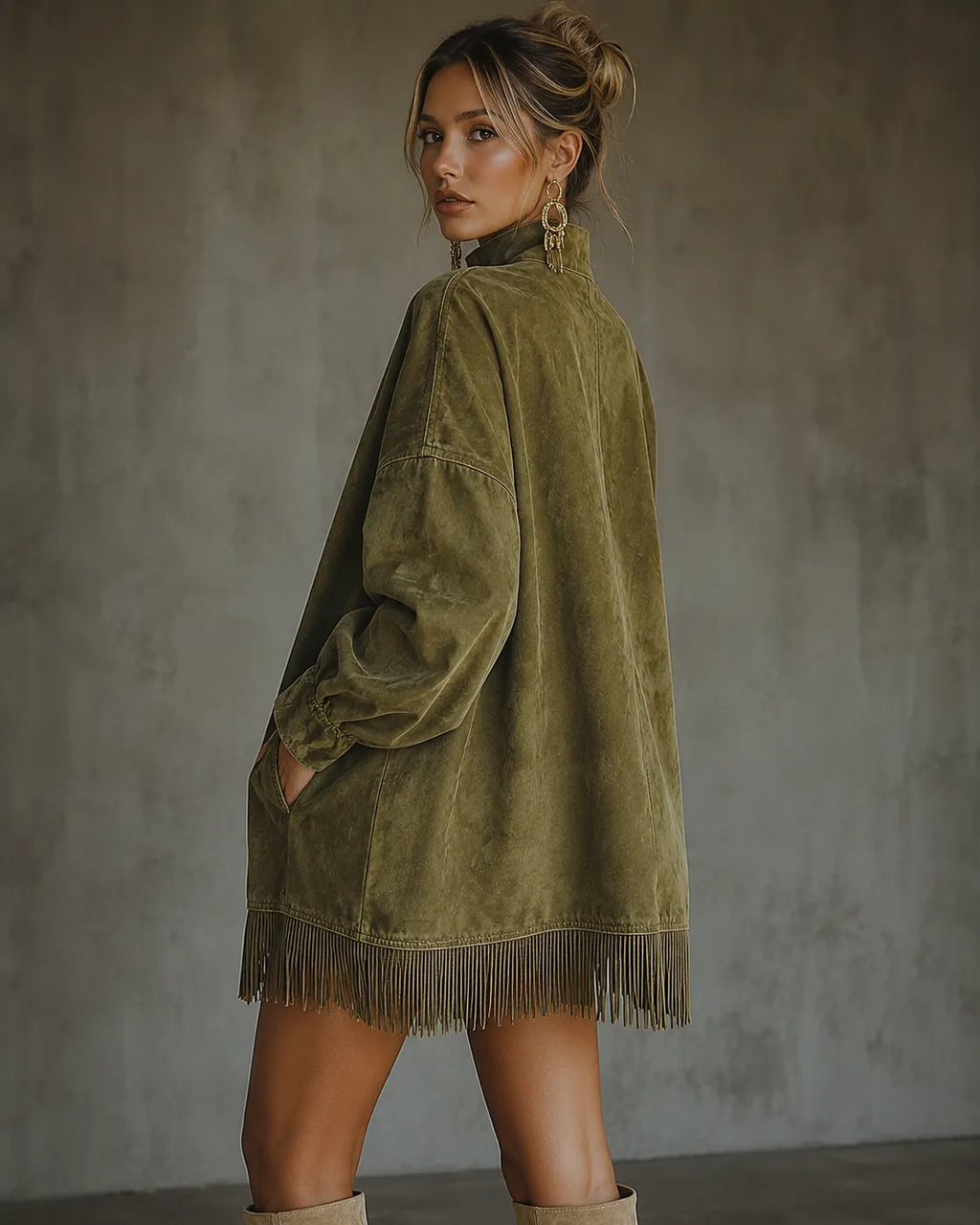 Olive Suede Fringe High-Neck Tunic Dress